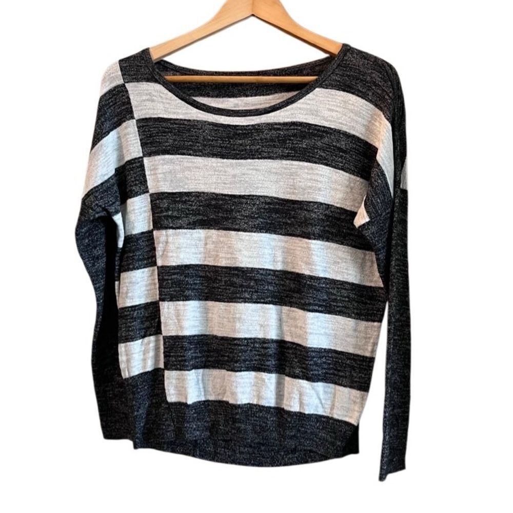 Grey Striped Boatneck Long Sleeve Top - Size L
